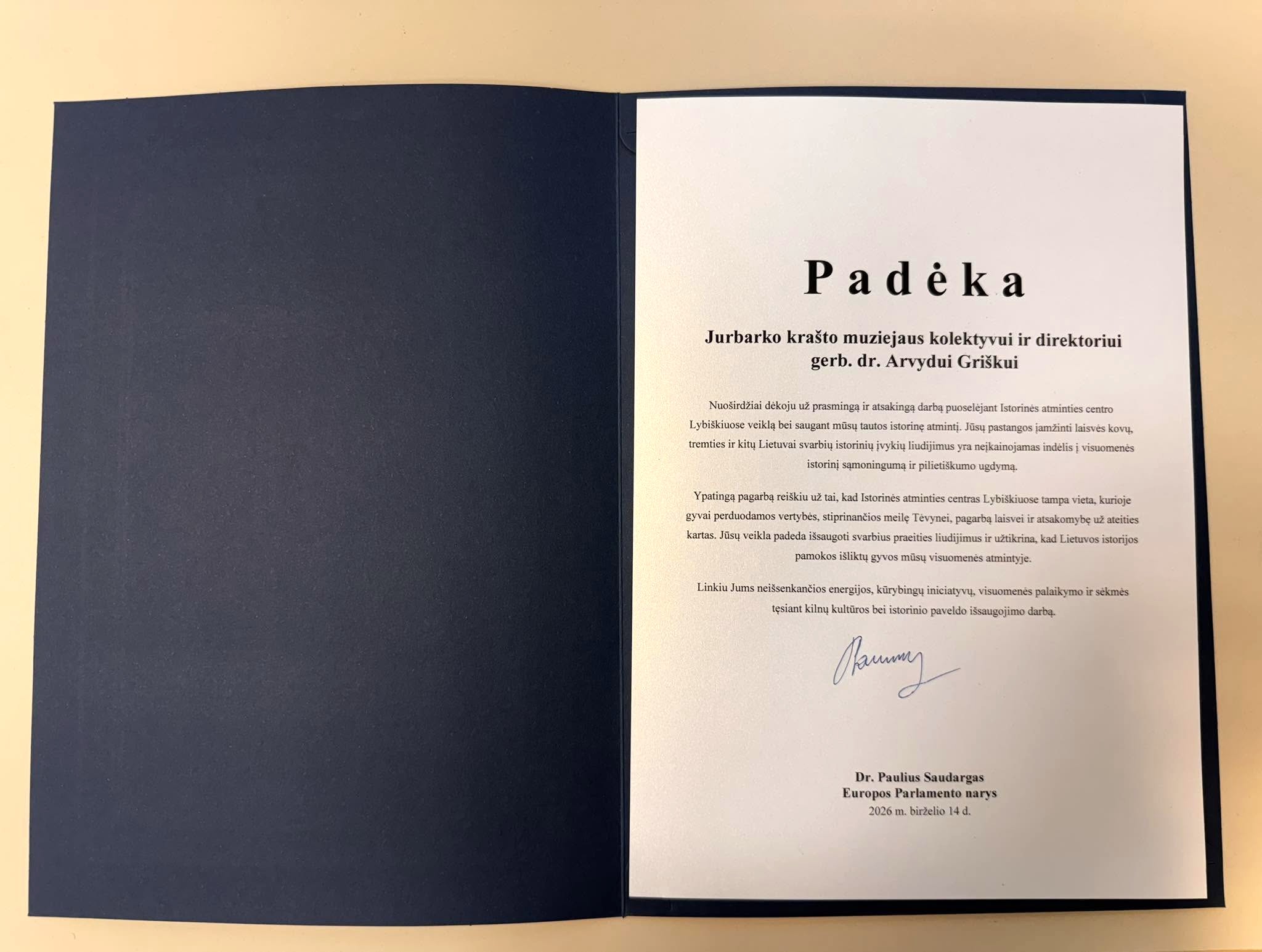 Padėka už istorinės atminties puoselėjimą